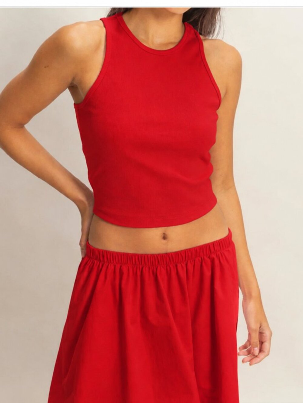 Double Zero Set | Red Ribbed Tank Top/ Skirt Set, Size Large